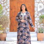 Midnight Bloom Floral Printed Jalabiya - Ivory Neckline Detail