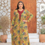 Mustard Yellow Abstract Print Jalabiya - Maroon Pleated Neckline