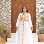 Pristine White Luxury Abaya - Gold & Maroon Arabesque Embroidery