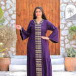 Deep Plum Purple Abaya - Gold Vertical Embroidery & Bell Sleeves